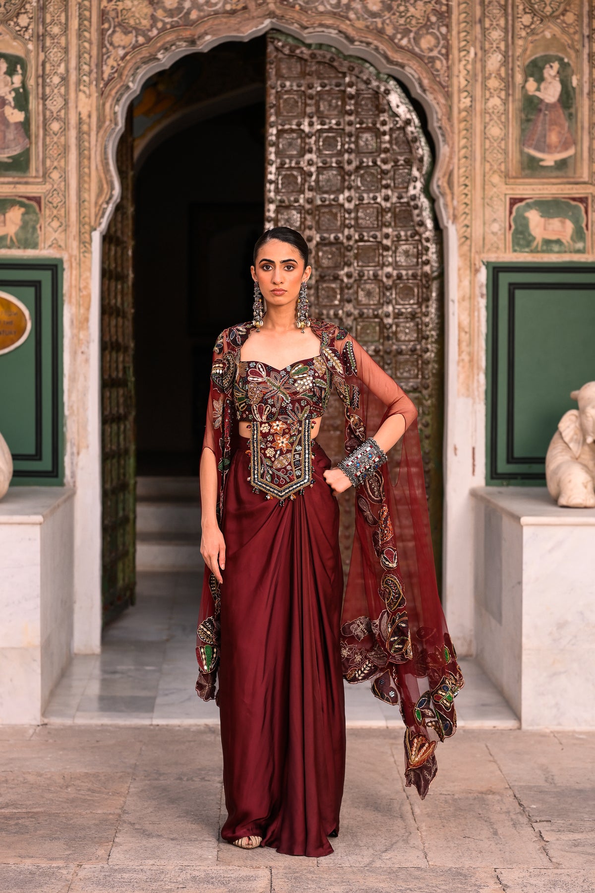 SATIN COWL SKIRT WITH EMB BRALATTE + NET APPLIQUE CAPE