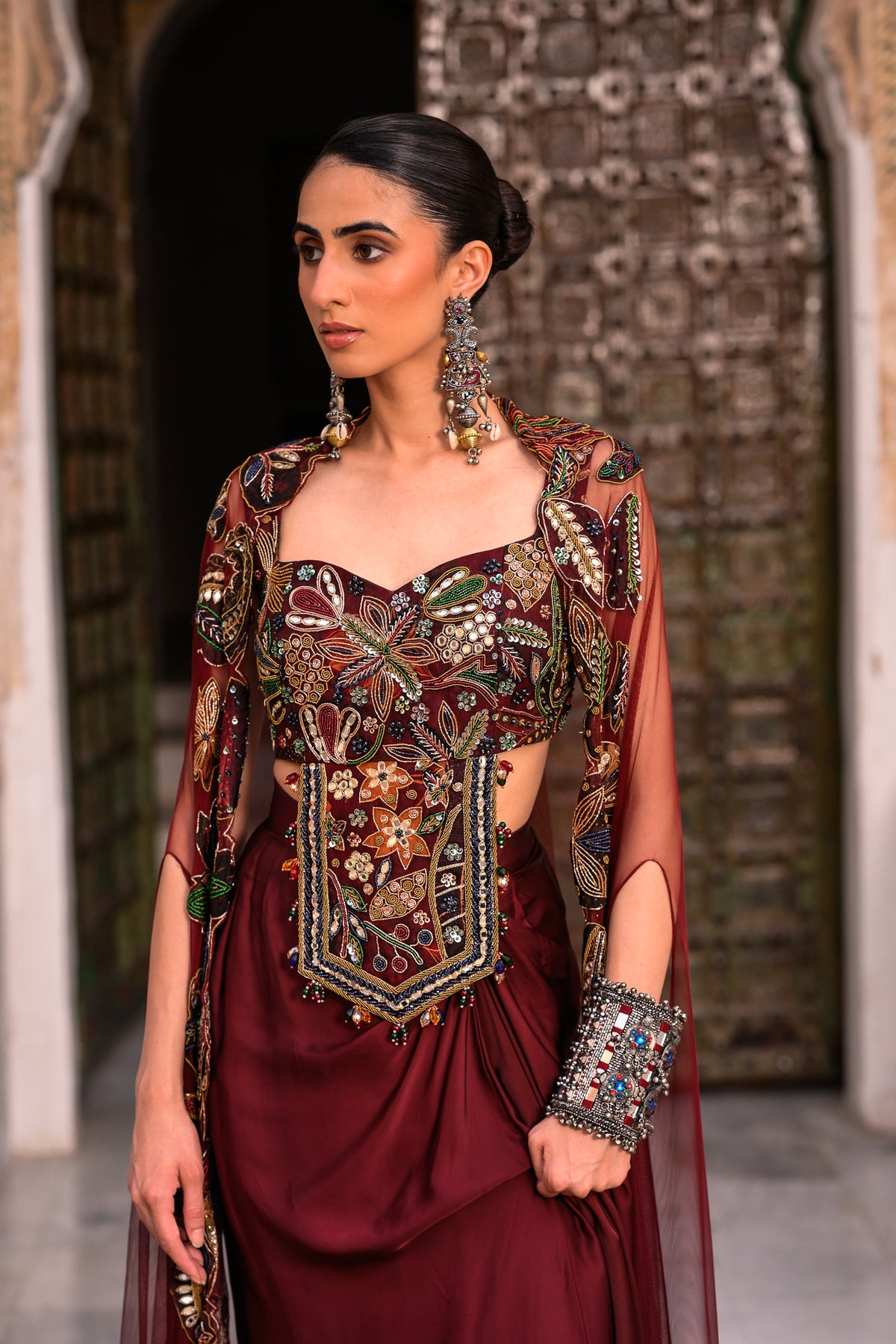 SATIN COWL SKIRT WITH EMB BRALATTE + NET APPLIQUE CAPE