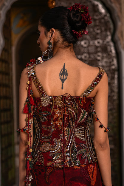 PRINTED TASSLE SAREE WITH EMB CORSET