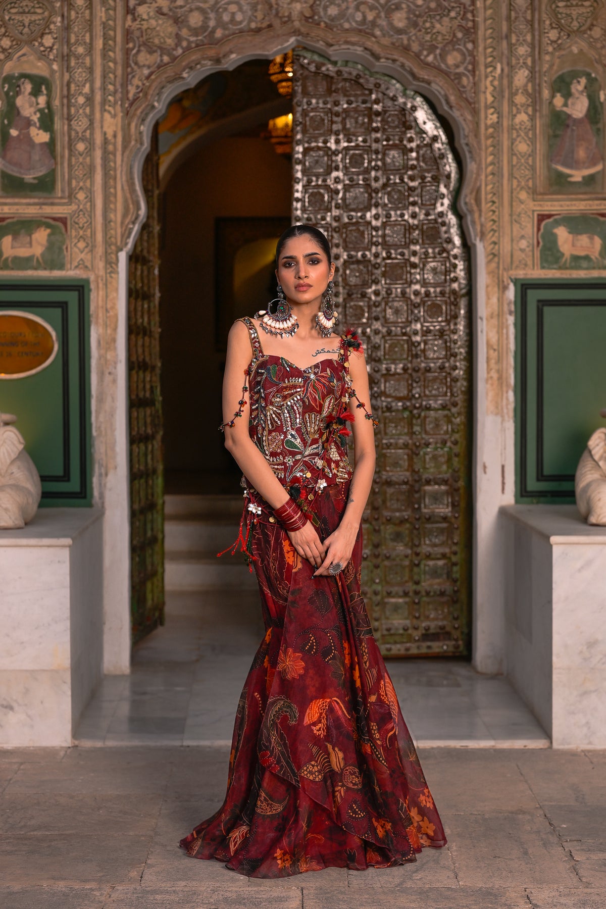 PRINTED TASSLE SAREE WITH EMB CORSET