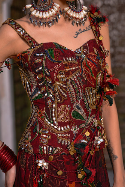 PRINTED TASSLE SAREE WITH EMB CORSET