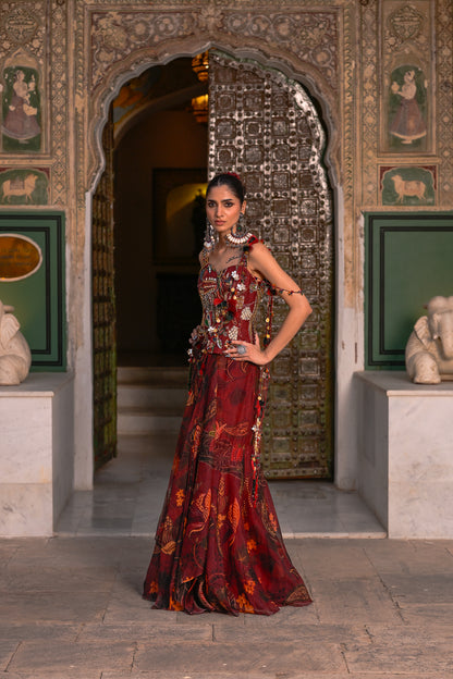 PRINTED TASSLE SAREE WITH EMB CORSET