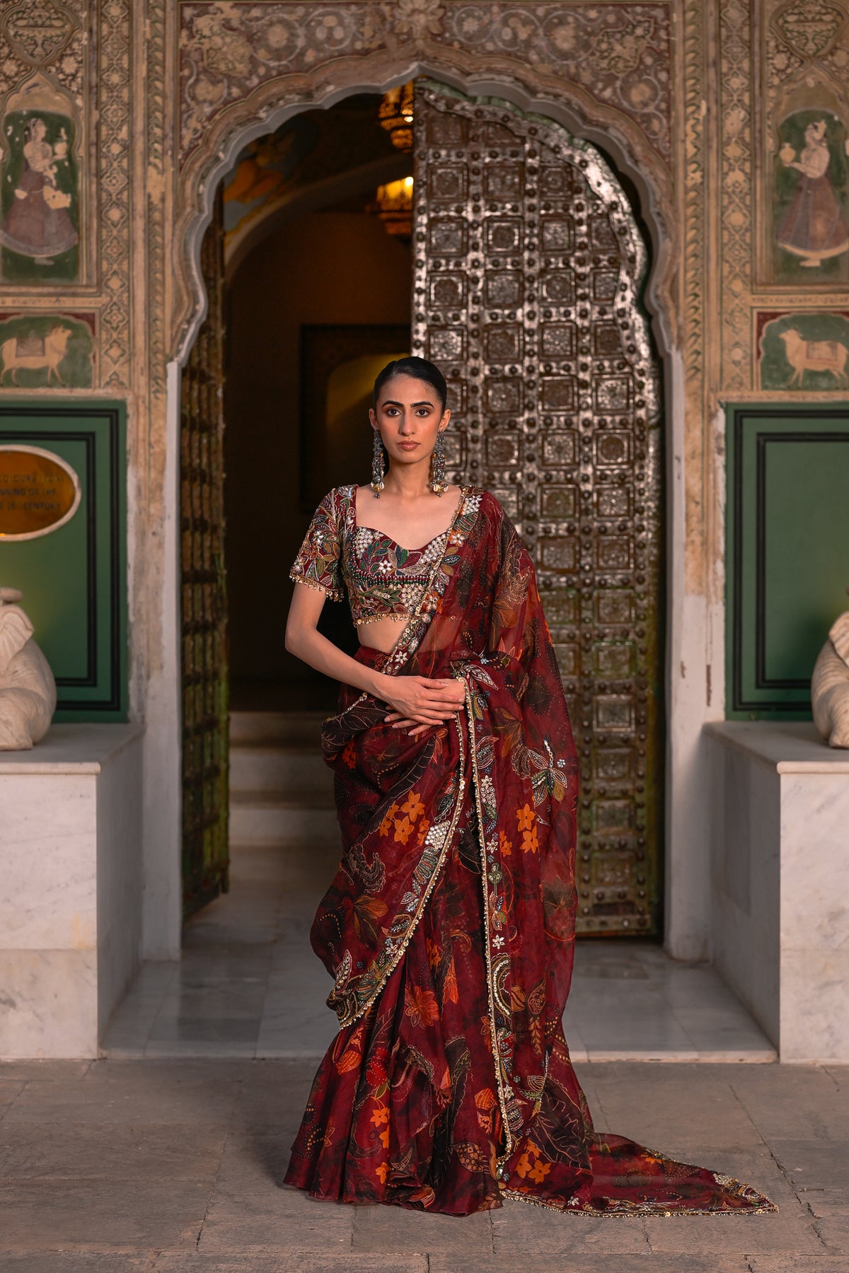PRE DRAPE ORGANZA SAREE HIGHLIGHTED OPEN PALLU + EMB BLOUSE