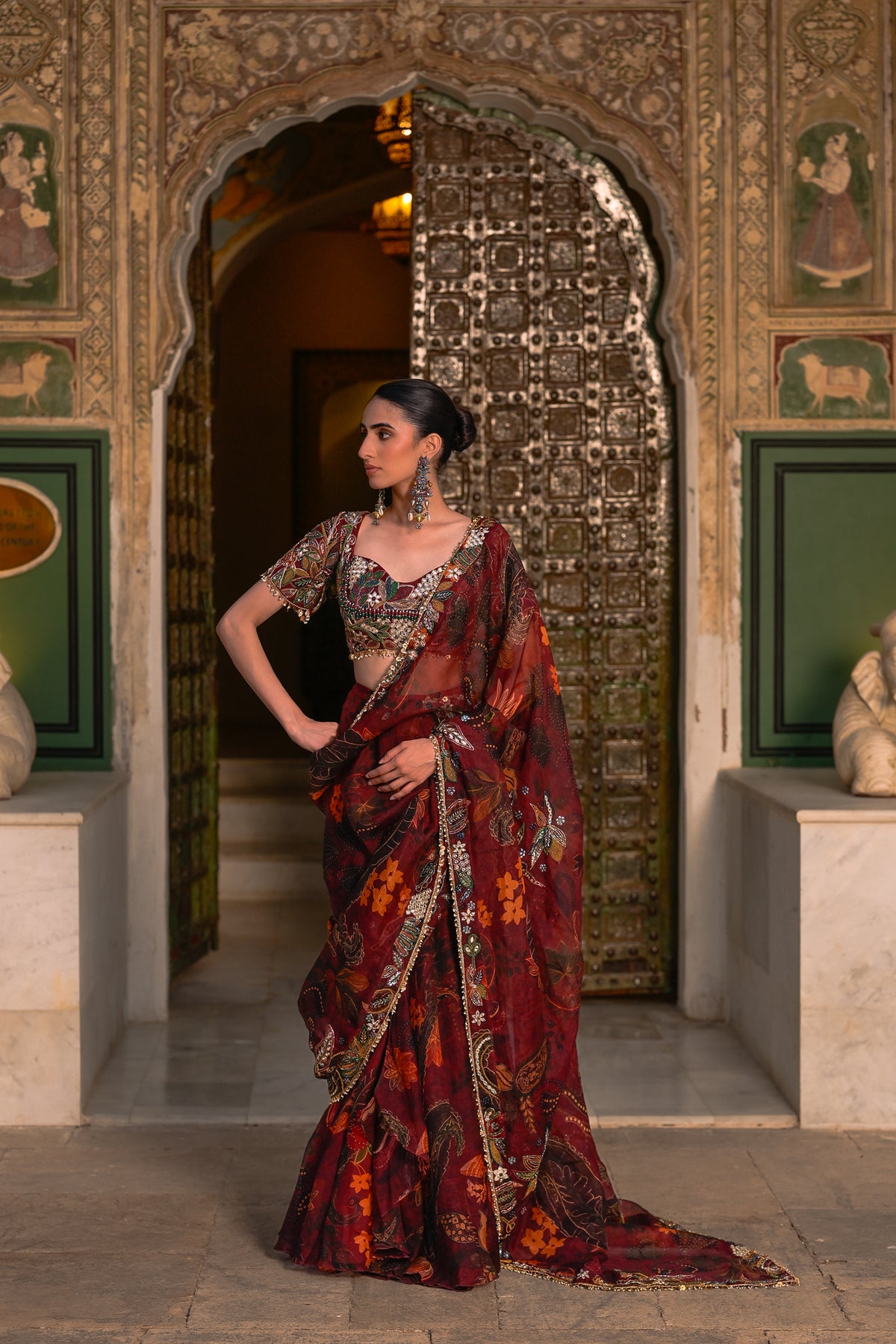 PRE DRAPE ORGANZA SAREE HIGHLIGHTED OPEN PALLU + EMB BLOUSE