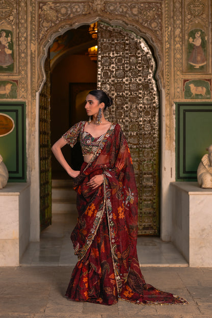 PRE DRAPE ORGANZA SAREE HIGHLIGHTED OPEN PALLU + EMB BLOUSE
