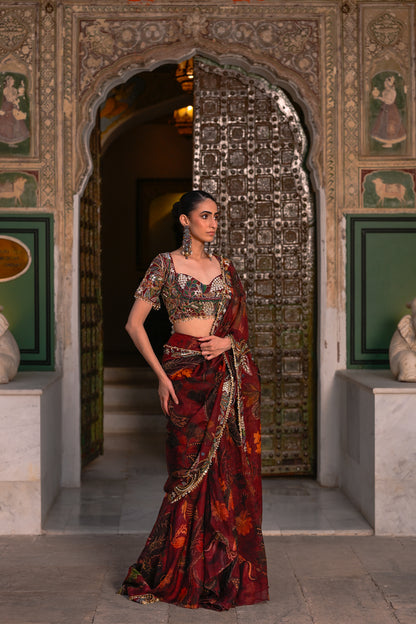 PRE DRAPE ORGANZA SAREE HIGHLIGHTED OPEN PALLU + EMB BLOUSE