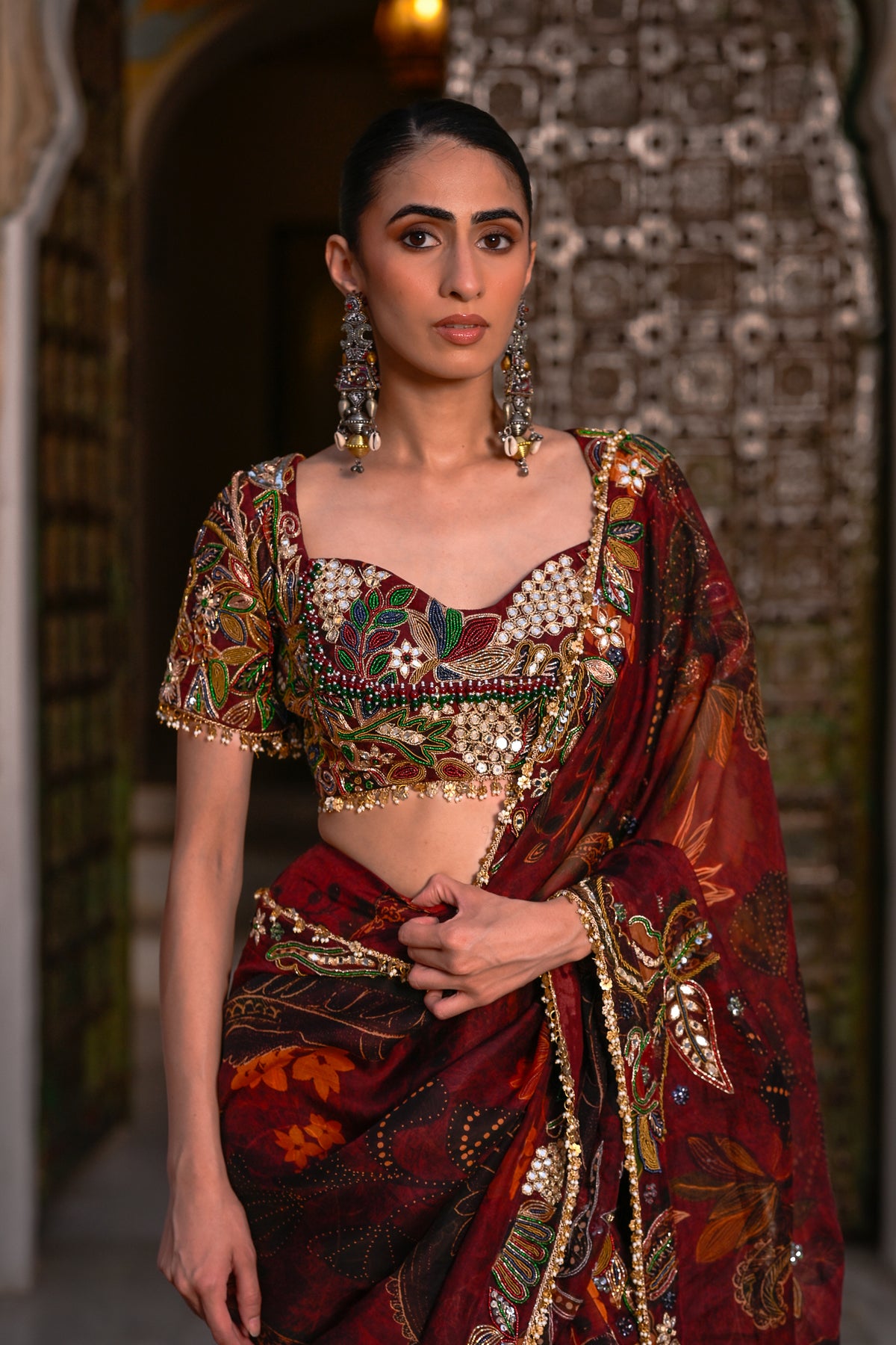 PRE DRAPE ORGANZA SAREE HIGHLIGHTED OPEN PALLU + EMB BLOUSE
