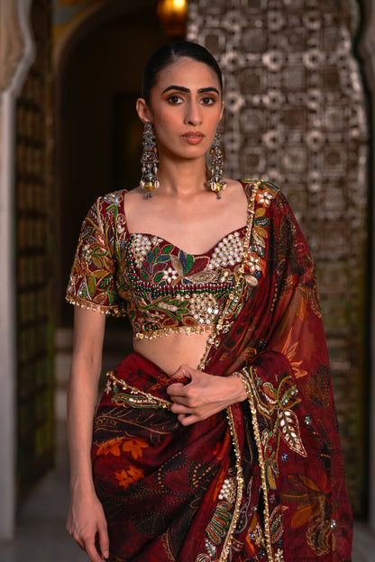 PRE DRAPE ORGANZA SAREE HIGHLIGHTED OPEN PALLU + EMB BLOUSE