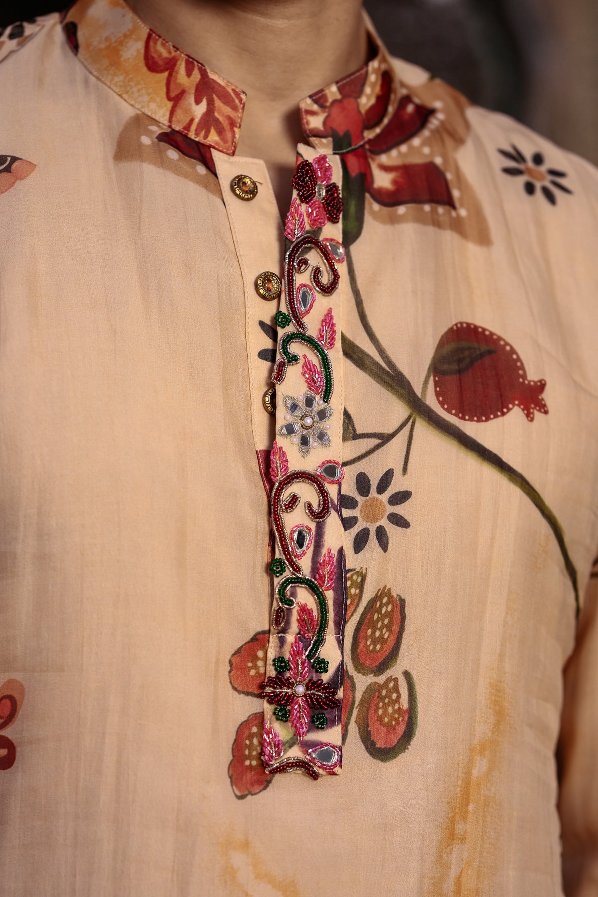 PRINTED KURTA WITH PURTIN & CUFF WORK & BEIGE STRAIGHT PANT