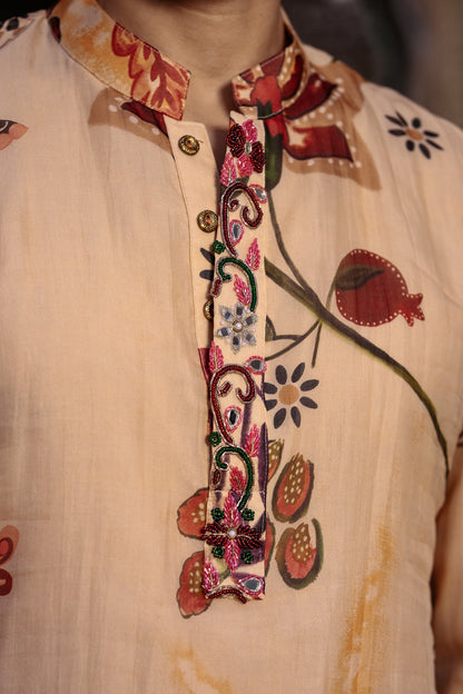 PRINTED KURTA WITH PURTIN & CUFF WORK & BEIGE STRAIGHT PANT