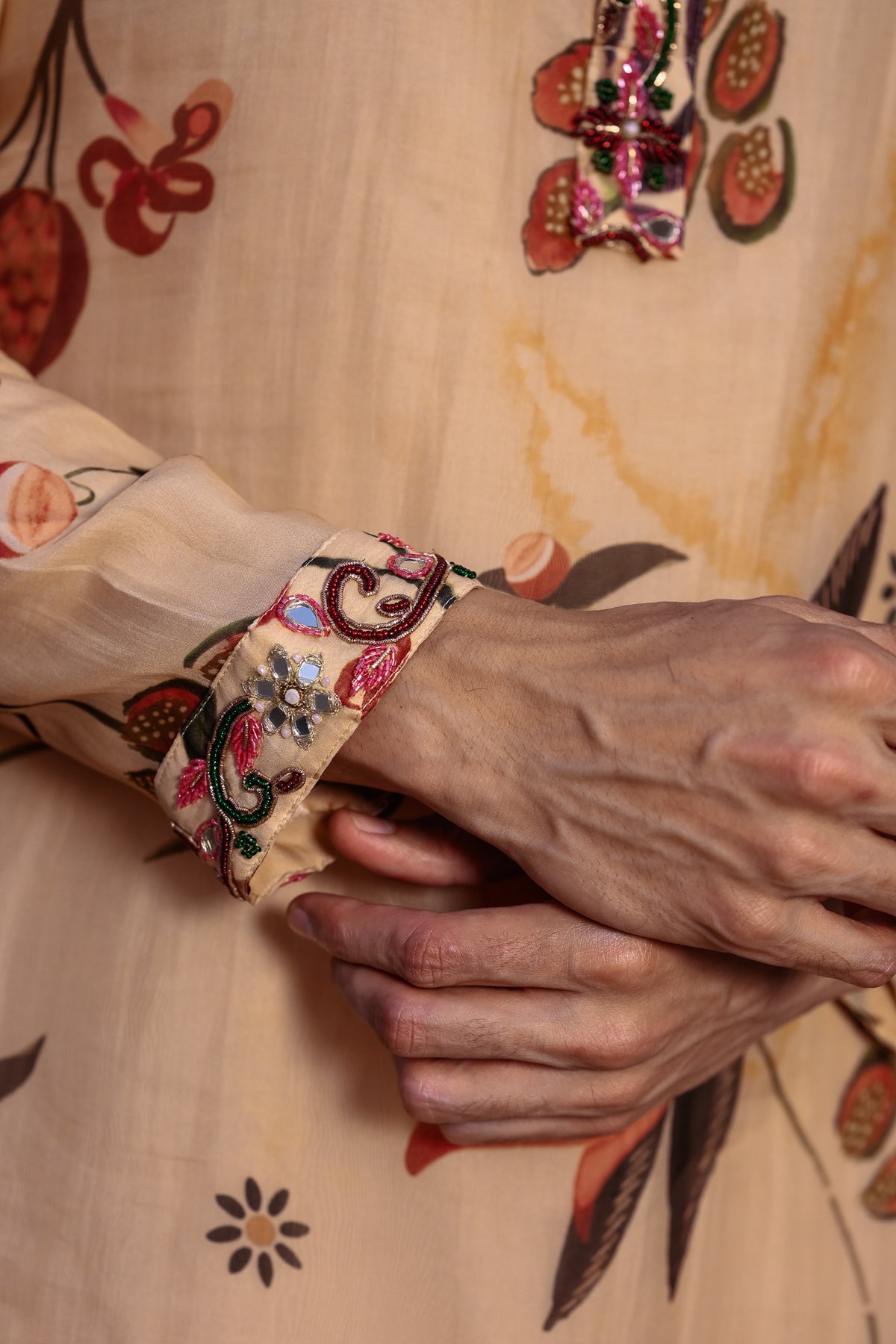 PRINTED KURTA WITH PURTIN & CUFF WORK & BEIGE STRAIGHT PANT