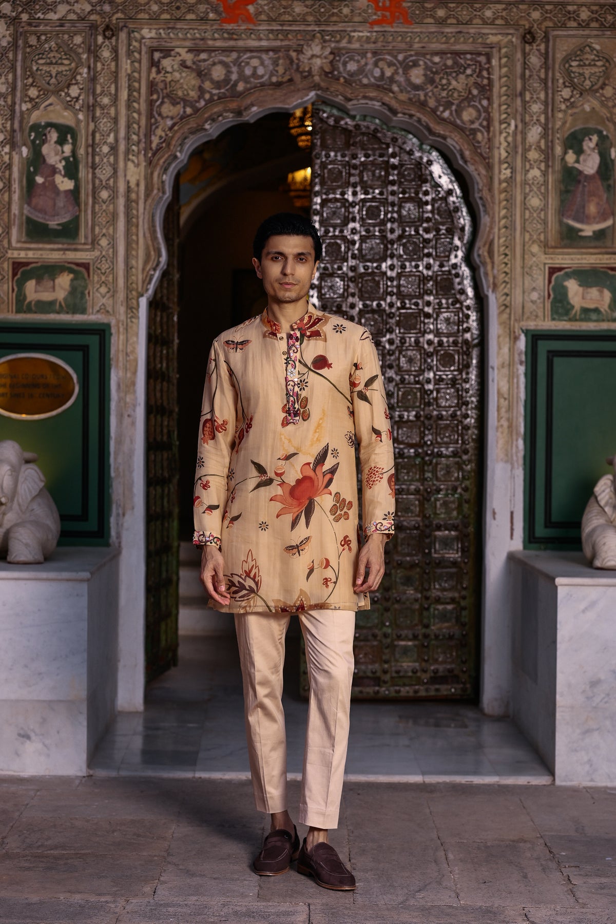 PRINTED KURTA WITH PURTIN & CUFF WORK & BEIGE STRAIGHT PANT