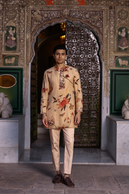 PRINTED KURTA WITH PURTIN & CUFF WORK & BEIGE STRAIGHT PANT
