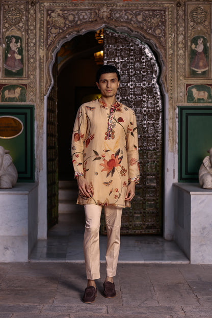 PRINTED KURTA WITH PURTIN & CUFF WORK & BEIGE STRAIGHT PANT