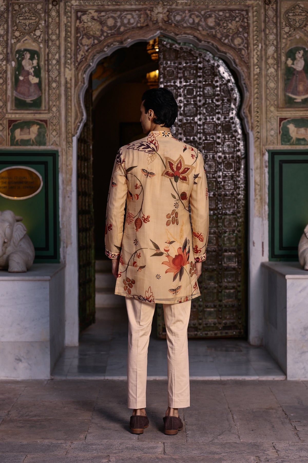 PRINTED KURTA WITH PURTIN & CUFF WORK & BEIGE STRAIGHT PANT