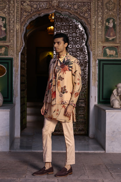 HIGHLIGHTED BUNDI PRINTED KURTA WITH WORK ON CUFF & PURTIN STREIGHT BEIGE PANT