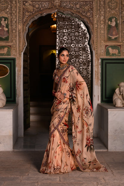 EMB BLOUSE WITH HIGHLIGHTED OPEN PALLA PRE DRAPE SAREE
