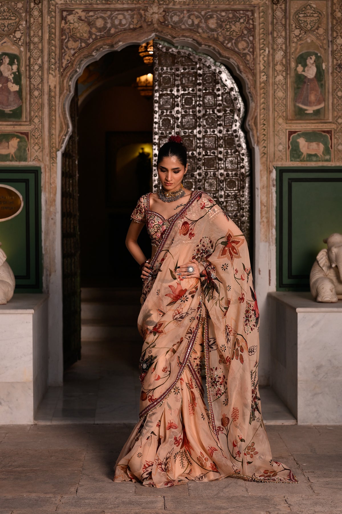 EMB BLOUSE WITH HIGHLIGHTED OPEN PALLA PRE DRAPE SAREE
