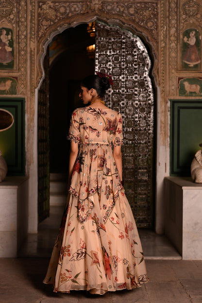 A SYMMETRICAL EMB TOP WITH PRINTED LEHENGA