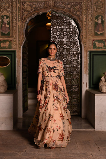 A SYMMETRICAL EMB TOP WITH PRINTED LEHENGA