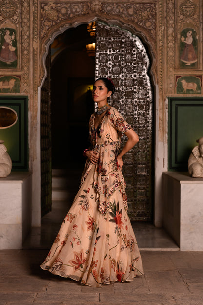 A SYMMETRICAL EMB TOP WITH PRINTED LEHENGA