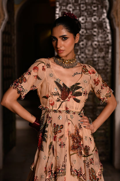 A SYMMETRICAL EMB TOP WITH PRINTED LEHENGA