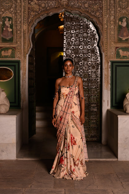 DUEL PRINTED PRE DRAPE SAREE WITH CORSET