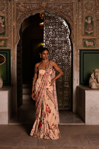 DUEL PRINTED PRE DRAPE SAREE WITH CORSET