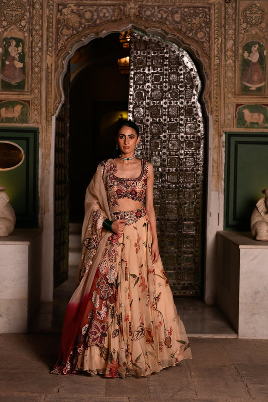 DUEL SHADED APPLIQUE DUPATTA WITH EMB BLOUSE & HIGHLIGHTED LEHENGA