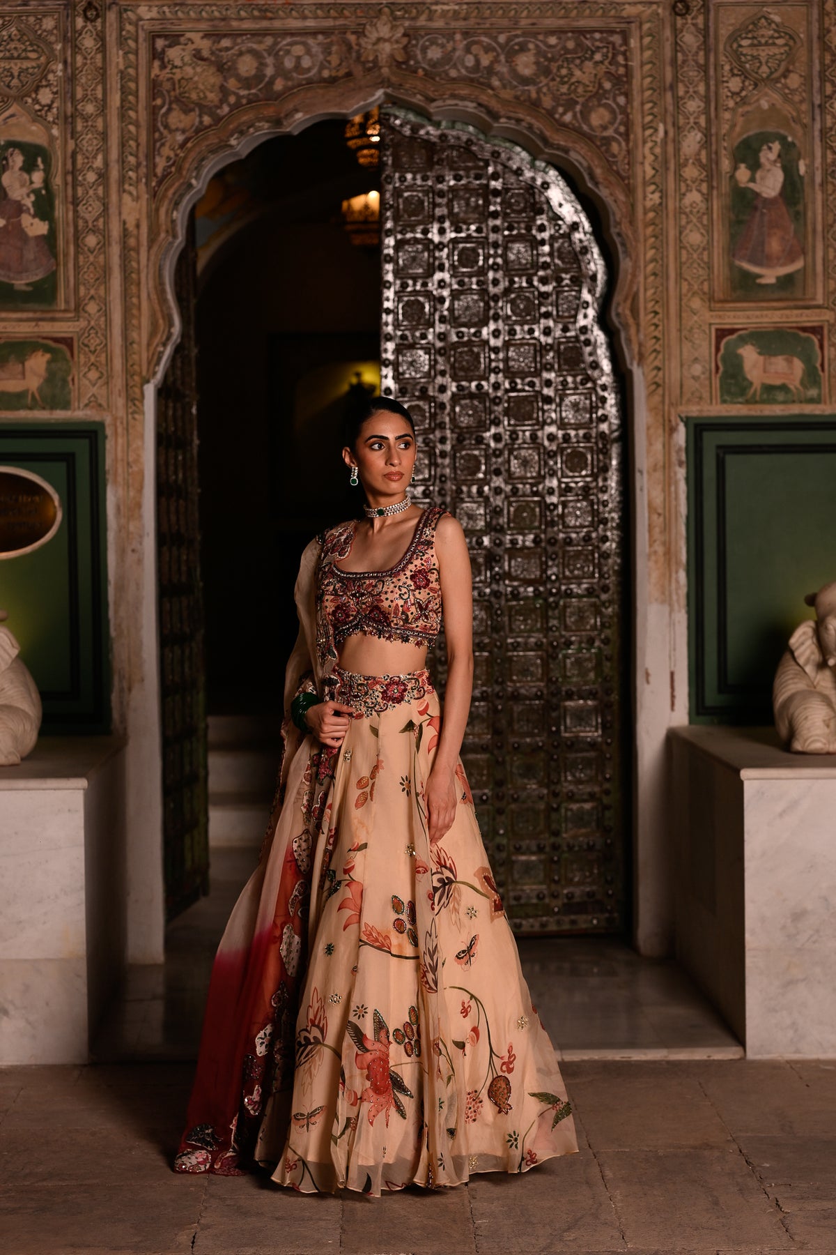 DUEL SHADED APPLIQUE DUPATTA WITH EMB BLOUSE & HIGHLIGHTED LEHENGA