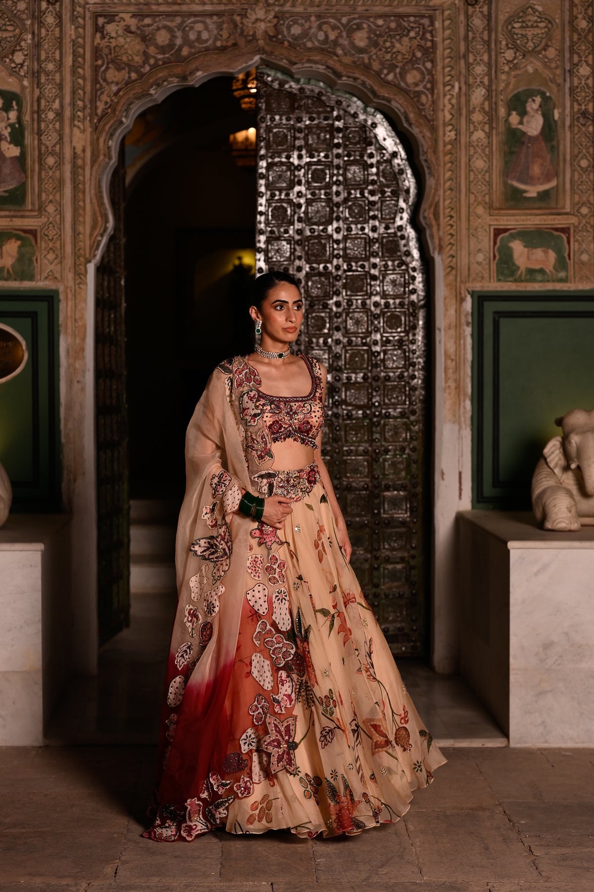 DUEL SHADED APPLIQUE DUPATTA WITH EMB BLOUSE & HIGHLIGHTED LEHENGA