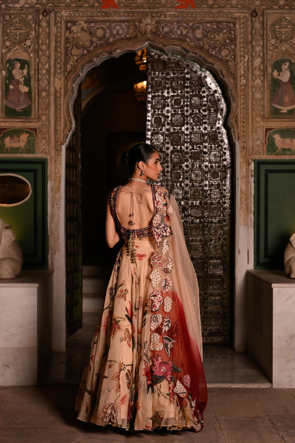 DUEL SHADED APPLIQUE DUPATTA WITH EMB BLOUSE & HIGHLIGHTED LEHENGA