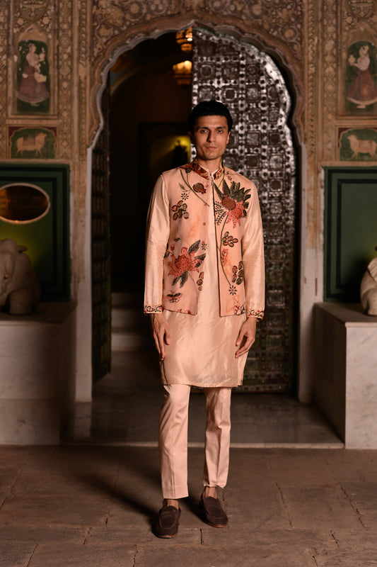 HIGHLIGHTED BUNDI WITH PURTIN & CUFF WORK ON KURTA STRIGHT PANT