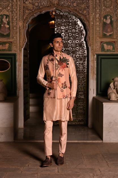 HIGHLIGHTED BUNDI WITH PURTIN & CUFF WORK ON KURTA STRIGHT PANT