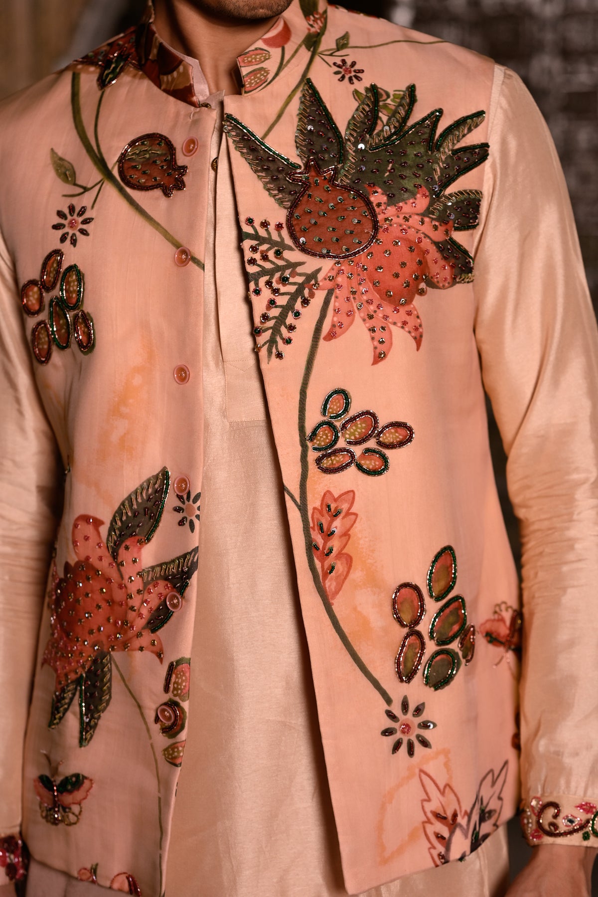 HIGHLIGHTED BUNDI WITH PURTIN & CUFF WORK ON KURTA STRIGHT PANT