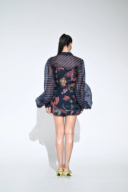 SAPPHIRE NIGHT CORSET DRESS PAIRED WITH ORGANZA SHIRT