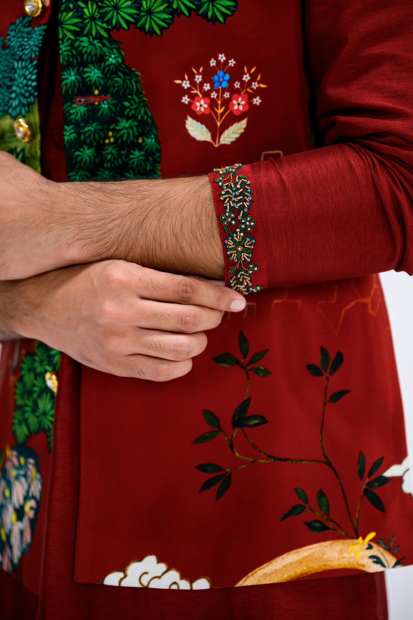 Red Mughal Garden Bundi Paired With Kurta And Pants Set