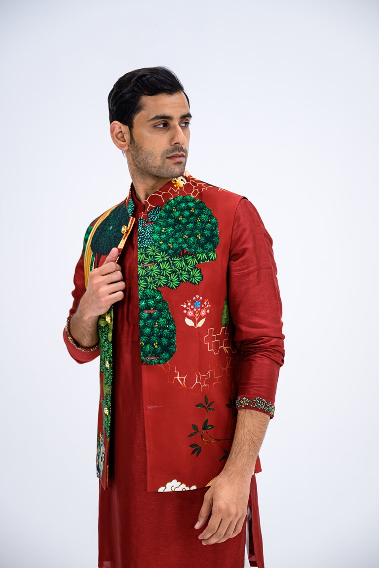 Red Mughal Garden Bundi Paired With Kurta And Pants Set