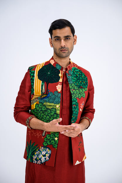 Red Mughal Garden Bundi Paired With Kurta And Pants Set