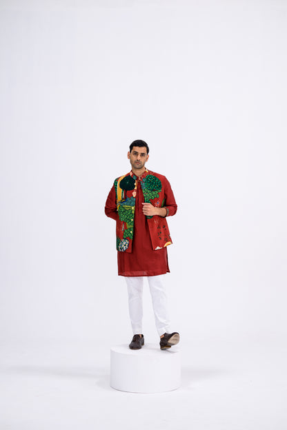 Red Mughal Garden Bundi Paired With Kurta And Pants Set