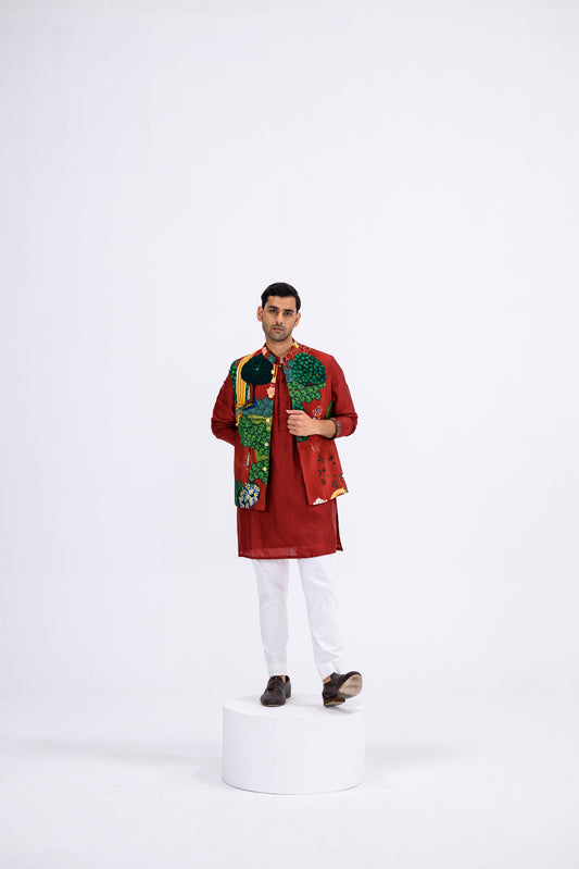 Red Mughal Garden Bundi Paired With Kurta And Pants Set