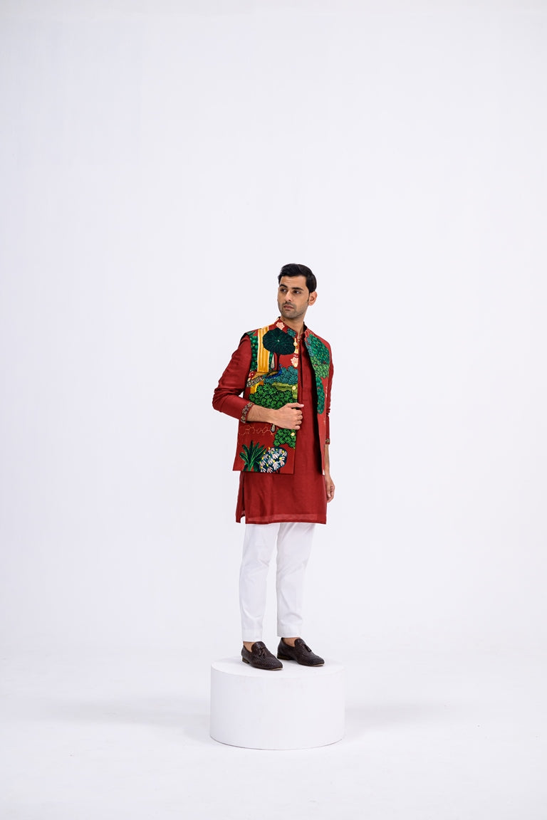 Red Mughal Garden Bundi Paired With Kurta And Pants Set