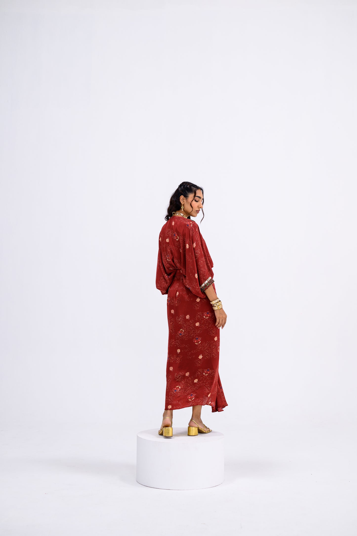 Red Mughal Overall Patch Toga With Skirt And Inner Set