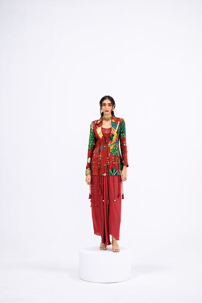 Red Mughal Highlight Blazer With Bralette And Dhoti Set