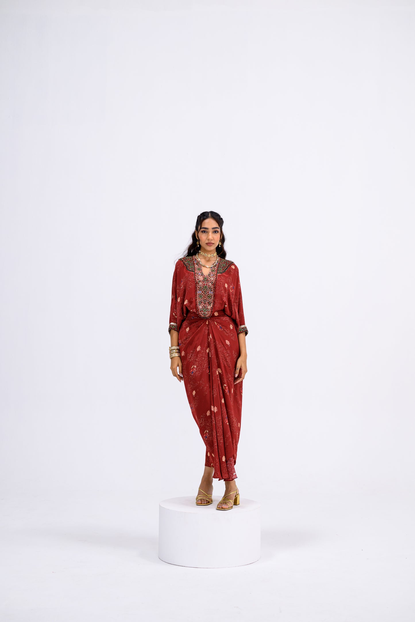 Red Mughal Overall Patch Toga With Skirt And Inner Set