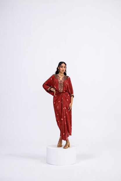 Red Mughal Overall Patch Toga With Skirt And Inner Set