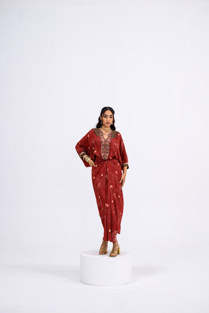 Red Mughal Overall Patch Toga With Skirt And Inner Set