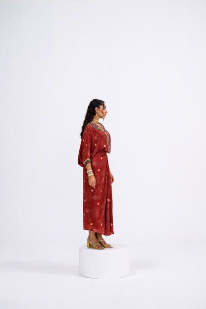 Red Mughal Overall Patch Toga With Skirt And Inner Set