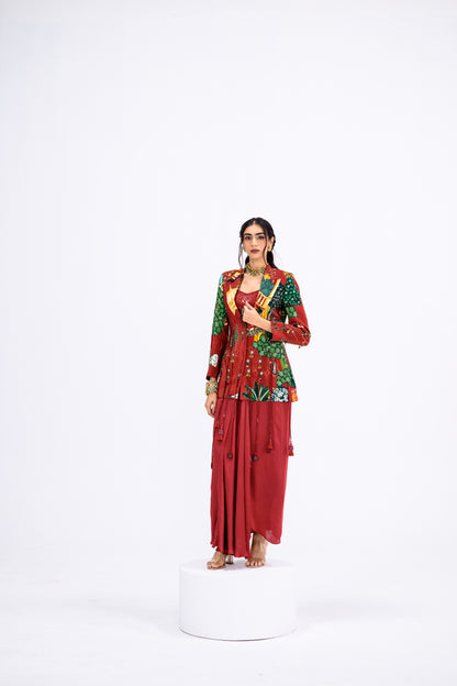 Red Mughal Highlight Blazer With Bralette And Dhoti Set