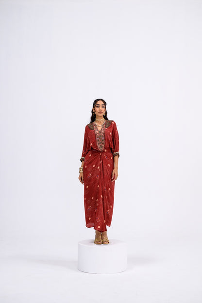 Red Mughal Overall Patch Toga With Skirt And Inner Set